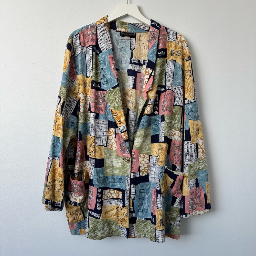 Vintage 90s Blazer Jacket Womens XL Patchwork Artsy‎ Oversized Dopamine Colorful